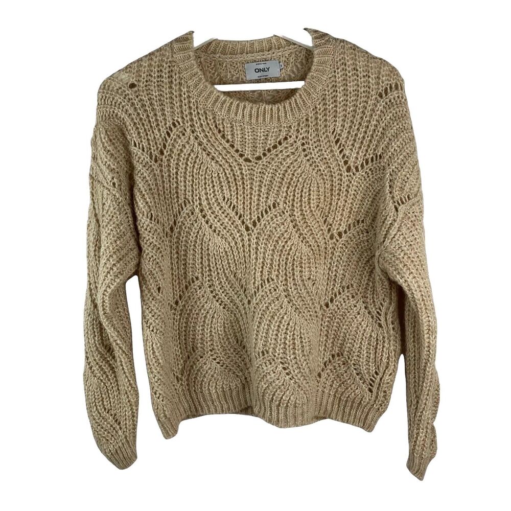ONLY Our Story Size S Sweater Beige Scoop Neck Long Sleeve Open Knit Women's Tan